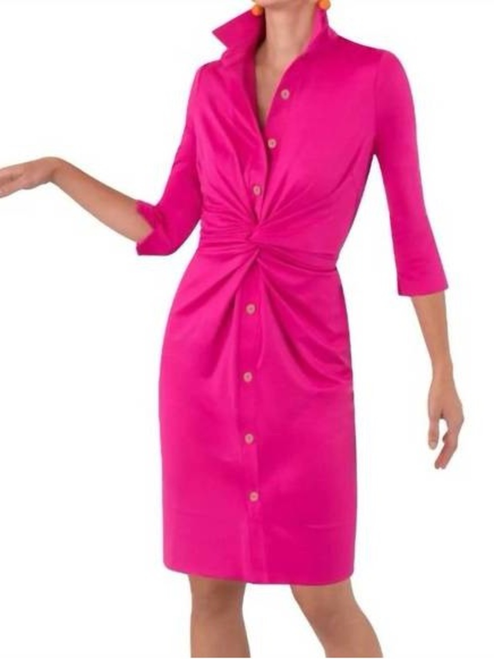 Gretchen Scott Twist & Shout Dress Solid Hot Pink Stretch Button Front.  G63